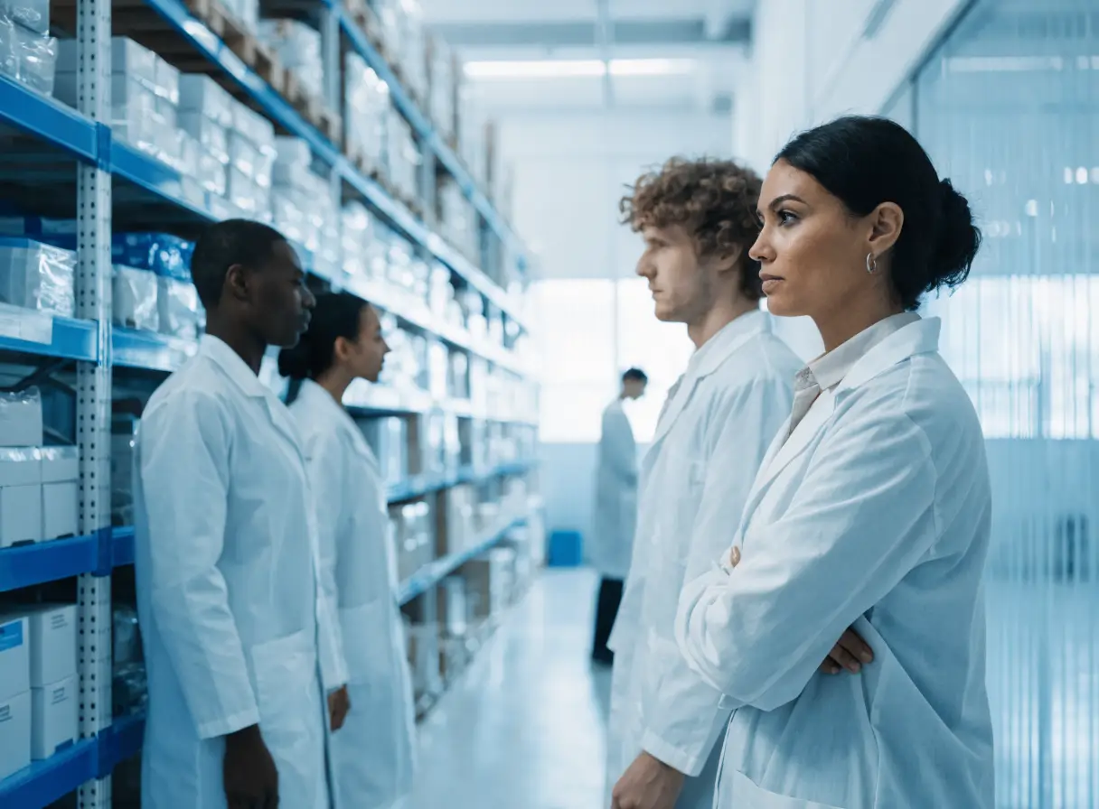 Medical distribution team in a modern supply warehouse